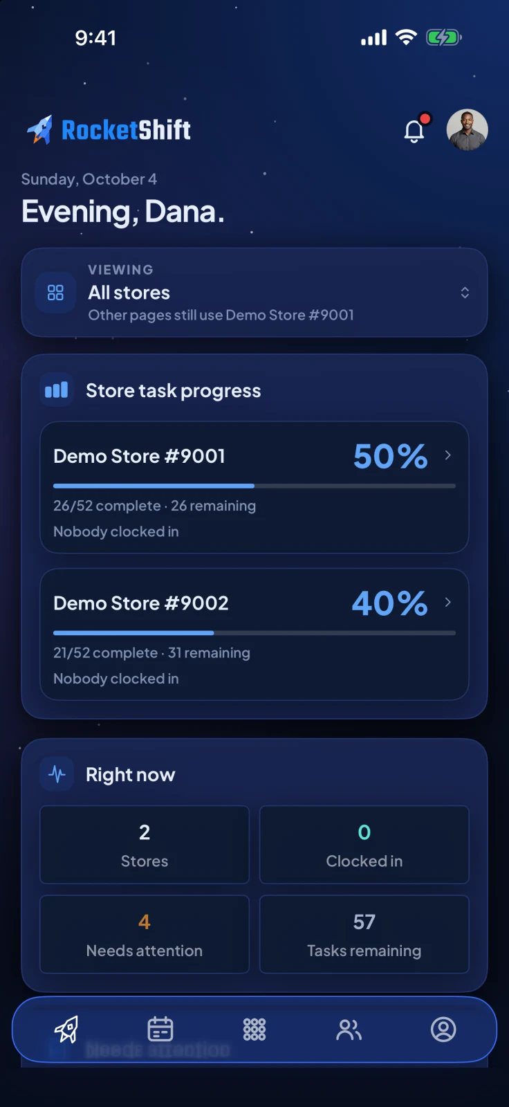 RocketShift iPhone app showing fictional demo operator Dana’s store overview